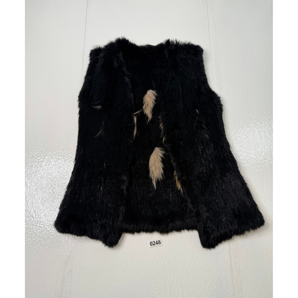Black Fur Vest with Tan Accents Open Front Sleeveless Jacket Women OS